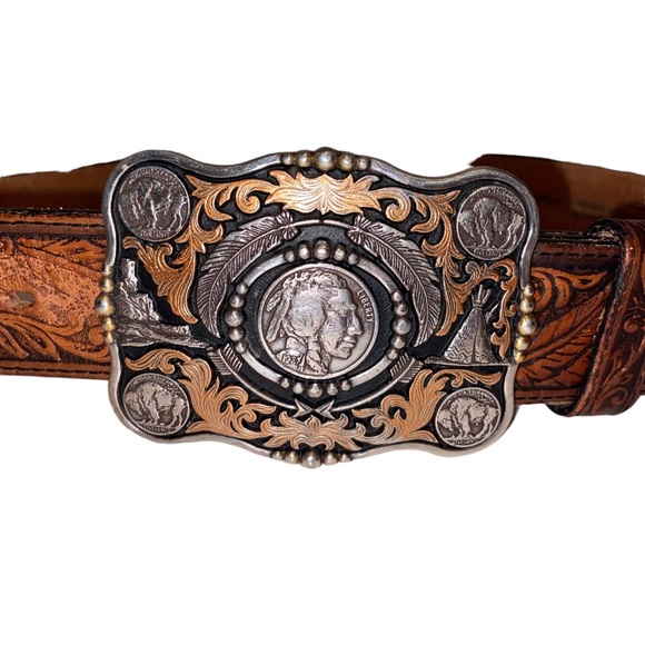 Vintage Justin Tooled Leather Belt Mens Size 38 Buckle Native American Buffalo - Picture 2 of 13